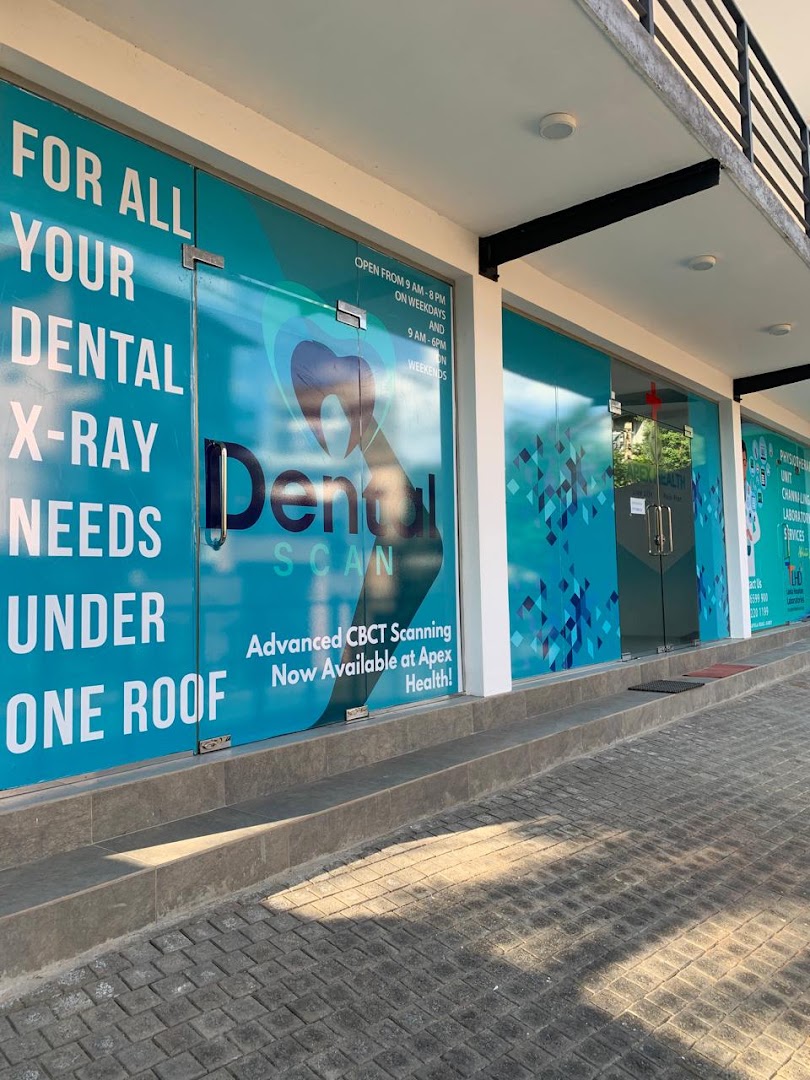 Blue DentalScan window signage promoting dental X-rays and advanced CBCT scanning